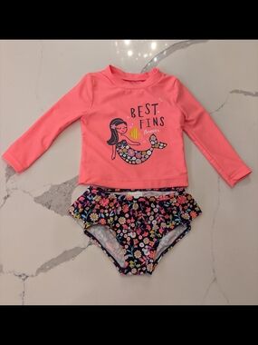 Carter's Neon Pink Mermaid Rashguard with Navy Floral Bottoms 12 M Bathing Suit